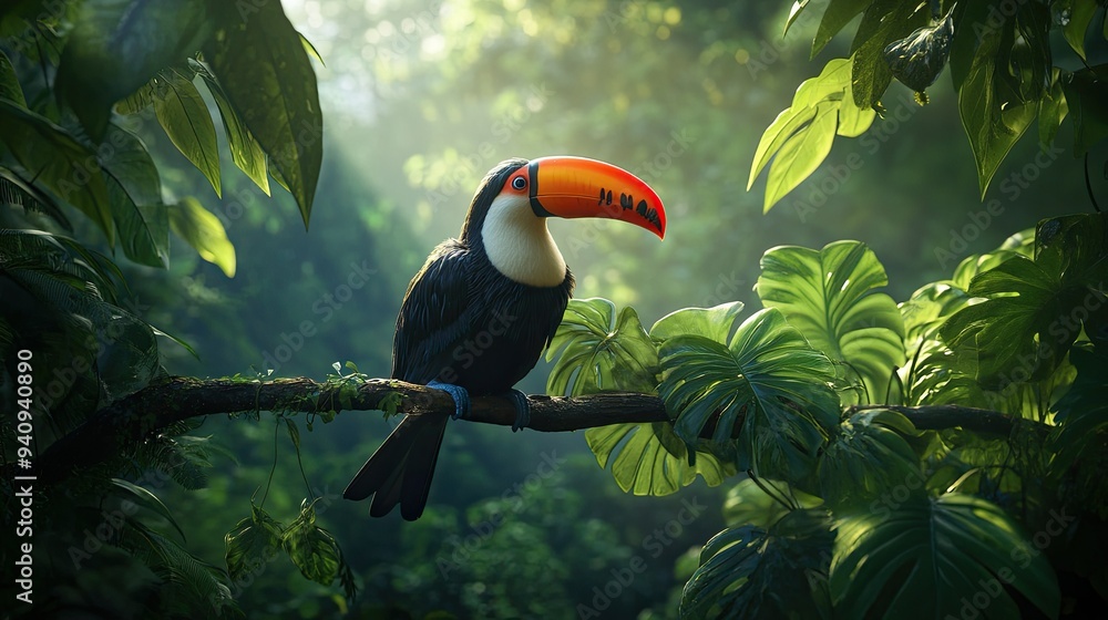 A toucan sits elegantly on a jungle branch, surrounded by dense greenery and tropical foliage. A toucan sits elegantly on a jungle branch, surrounded by dense greenery and tropical foliage.