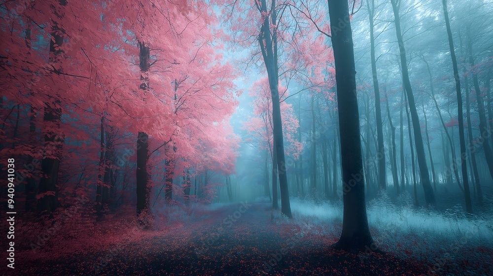 Naklejka premium Pink & Blue Misty Forest Path, Surreal Nature