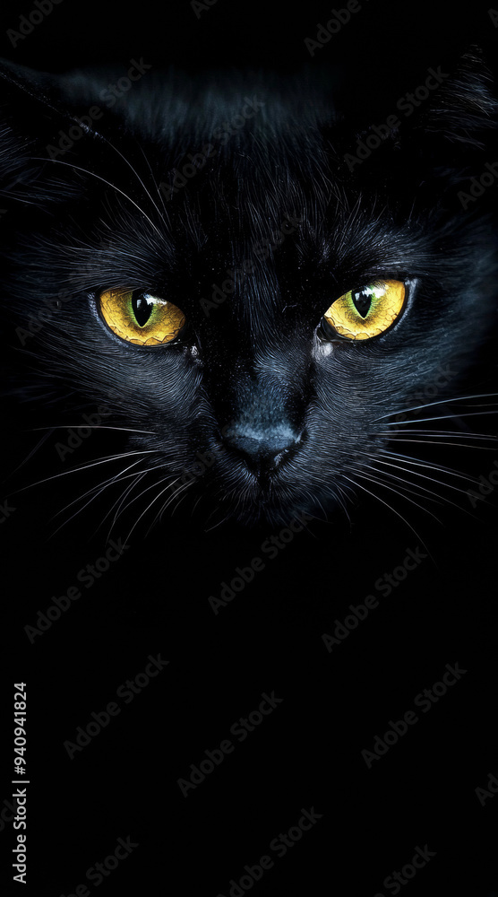Close-up of a black cat's face with striking yellow eyes in darkness. Ideal for mysterious or Halloween-themed designs with a focus on piercing gaze and contrast. Close-up of a black cat's face with striking yellow eyes in darkness. Ideal for mysterious or Halloween-themed designs with a focus on piercing gaze and contrast.
