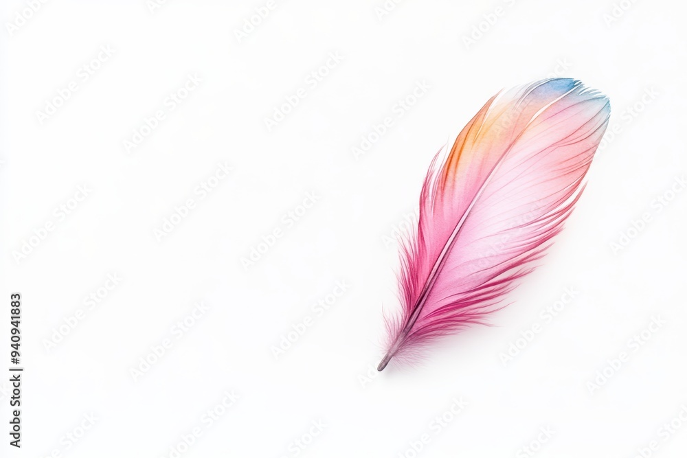 A vibrant pink feather with hints of blue and orange, elegantly resting on a clean white background, symbolizing beauty and delicacy. A vibrant pink feather with hints of blue and orange, elegantly resting on a clean white background, symbolizing beauty and delicacy.