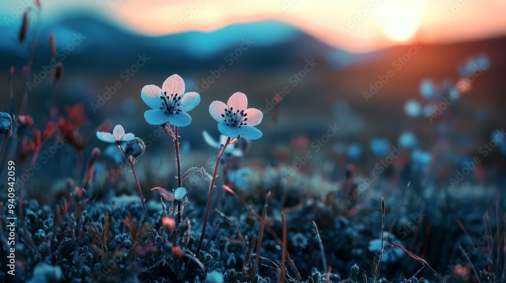 A cluster of white blooms crowns a verdant field adjacent to a mountain, framed by a cloud-specked sky A cluster of white blooms crowns a verdant field adjacent to a mountain, framed by a cloud-specked sky