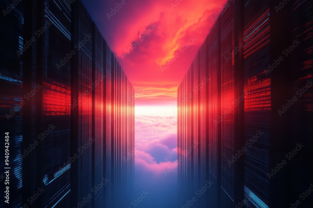 A vibrant sunset scene between two towering structures, casting dramatic reflections over a sea of clouds. A vibrant sunset scene between two towering structures, casting dramatic reflections over a sea of clouds.
