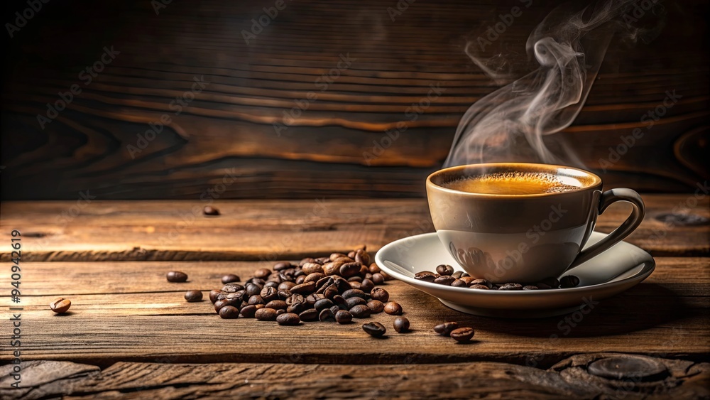 Close-up photo of a steaming cup of freshly brewed coffee on a rustic table , hot beverage, caffeine, morning, drink Close-up photo of a steaming cup of freshly brewed coffee on a rustic table , hot beverage, caffeine, morning, drink