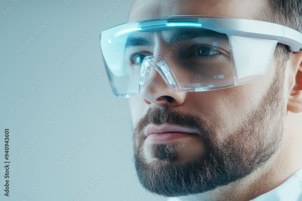 Close-up of a confident man wearing innovative smart glasses, showcasing modern technology and a professional appearance. Close-up of a confident man wearing innovative smart glasses, showcasing modern technology and a professional appearance.