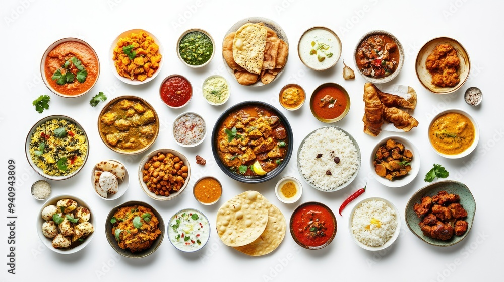 A vibrant collection of Indian meals viewed from above, highlighting the diversity and richness of Indian cuisine on a white backdrop.