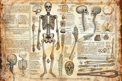 An old anatomical poster depicting the human body's structure and systems in detailed illustrations and labels, The evolution of medical science through history, AI generated