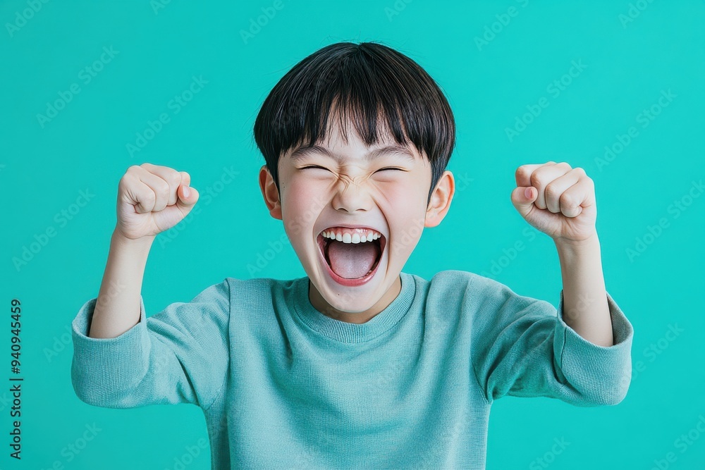 ガッツポーズをして喜ぶ日本人の子供(達成・勝利・歓喜・勝負・嬉しい) ガッツポーズをして喜ぶ日本人の子供(達成・勝利・歓喜・勝負・嬉しい)