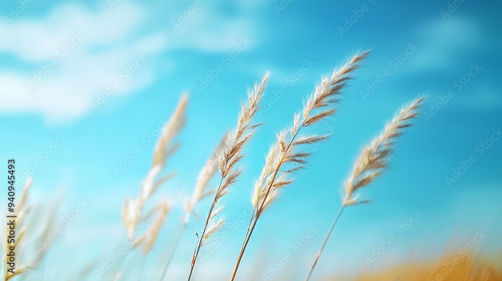 tall grass in foreground against a backdrop of a blue sky with scattered clouds tall grass in foreground against a backdrop of a blue sky with scattered clouds