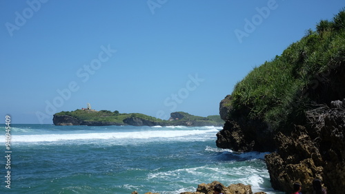 Landscape View of the sea from the top of the mountains in Pantai Drini, Gunung Kidul, Yogyakarta