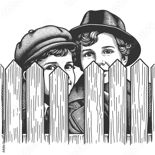 two boys wearing hats, peering over a wooden fence with curious expressions sketch engraving generative ai fictional character vector illustration. Scratch board imitation. Black and white image.