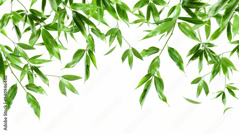 Obraz premium Fresh bamboo leaves on a white background, perfect for nature themes, designs, and eco-friendly concepts.