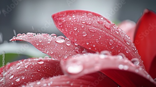  A red flower with dewdrops on its petals and a softly blurred background