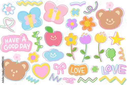 Cute illustrations of teddy bear, butterfly, apple, flowers, clover leaf, pink ribbon, heart for animal, zoo, souvenir shop, spring time, summer break, picnic, pastel sticker set, patches, plush toy