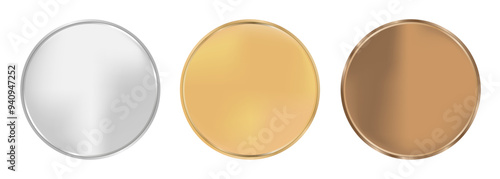 Award golden, silver and bronze blank medals 3d vector realistic illustration. First, second and third place medals or buttons isolated on white background. Quality blank, empty badge, emblem set.
