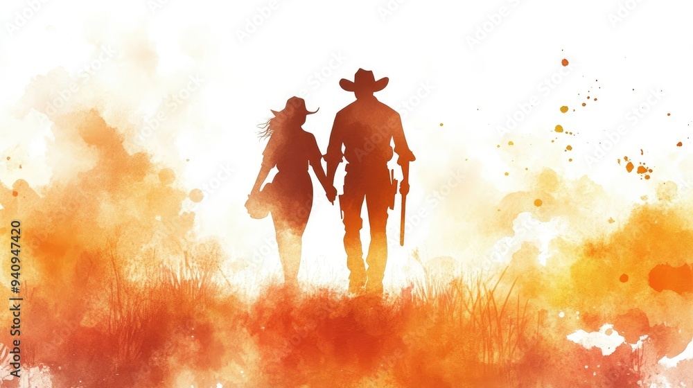 Fototapeta premium A watercolor illustration of a cowboy and cowgirl in silhouette, with soft brushstrokes and warm tones evoking a timeless Western scene.