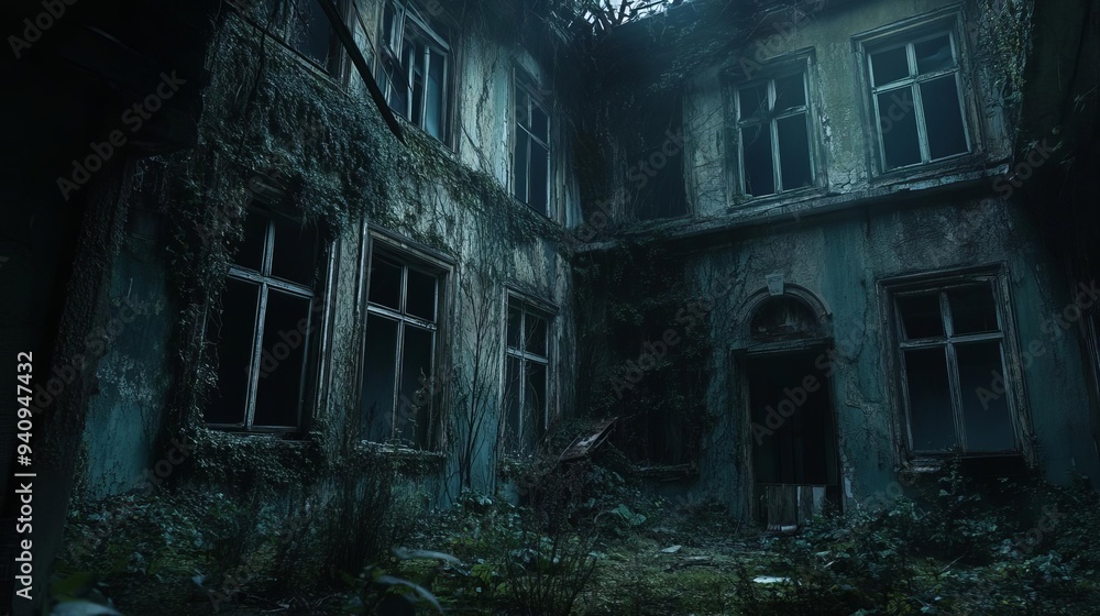 A creepy abandoned asylum with broken windows and overgrown vines, designed for a Halloween backdrop close up, sinister mood realistic, dynamic Composite Asylum backdrop A creepy abandoned asylum with broken windows and overgrown vines, designed for a Halloween backdrop close up, sinister mood realistic, dynamic Composite Asylum backdrop