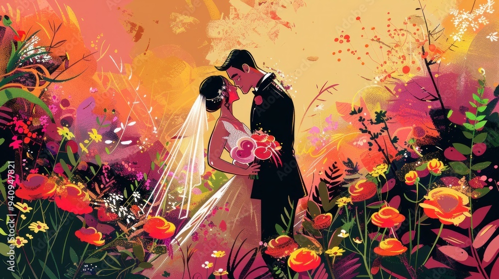 Romantic wedding couple in a vibrant floral landscape, embracing passionately with an artistic backdrop of colorful flowers and foliage Romantic wedding couple in a vibrant floral landscape, embracing passionately with an artistic backdrop of colorful flowers and foliage