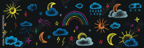 Chalk kid cloud weather symbols set. Vector stock illustration isolated on black chalkboard background for design template travel blog, meteorology forecast. Kit textural crayon hand drawing symbols.