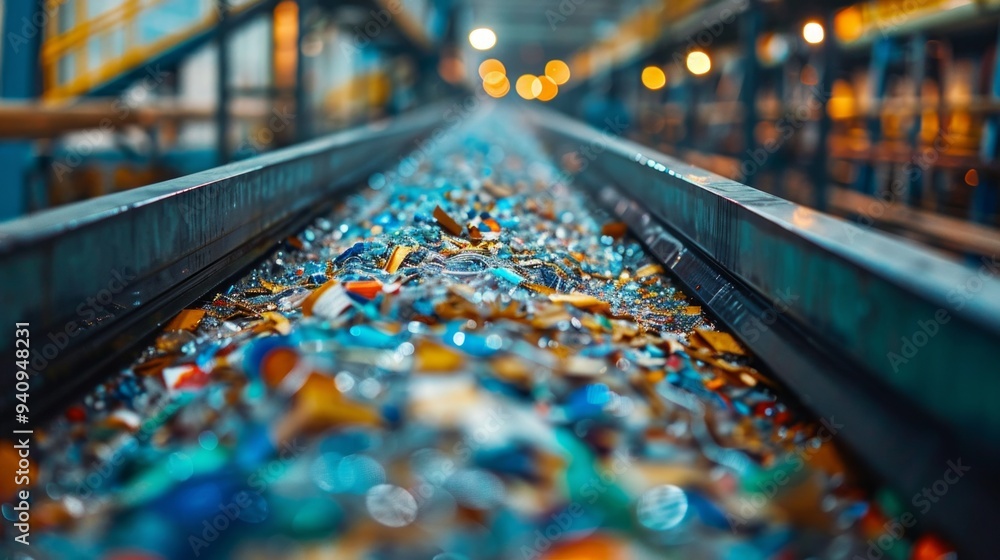 Close-up image of a conveyor belt with crushed recyclables in blue, orange, and brown colors, under bright lights for recycling preparation. Close-up image of a conveyor belt with crushed recyclables in blue, orange, and brown colors, under bright lights for recycling preparation.