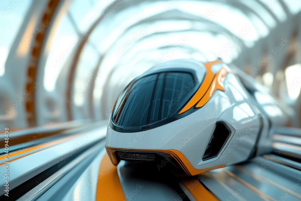 Obraz premium Futuristic train design in a modern transit environment, showcasing advanced technology and sleek aesthetics.