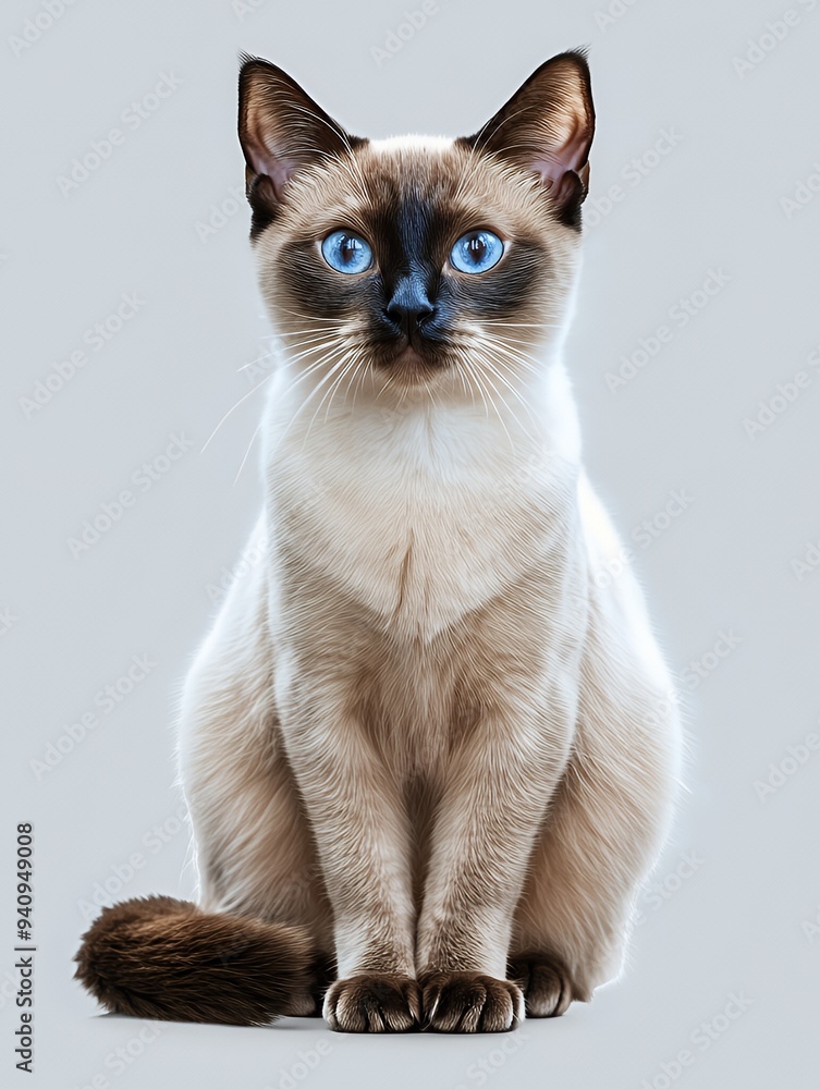 A Siamese cat with striking blue eyes sitting gracefully against a plain background. A Siamese cat with striking blue eyes sitting gracefully against a plain background.