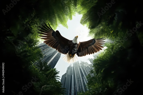 Wallpaper Mural Majestic eagle soaring above lush greenery, embodying freedom in a vibrant urban jungle atmosphere. Torontodigital.ca