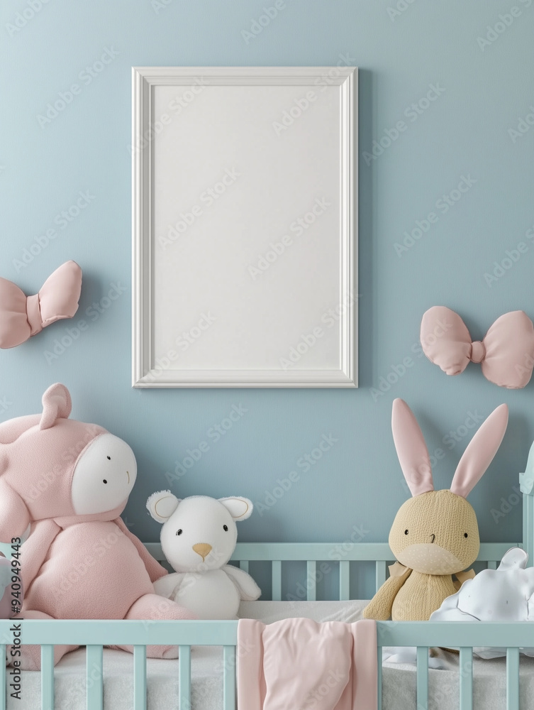Blank frame mockup in a cute baby room with pastel blue walls Blank frame mockup in a cute baby room with pastel blue walls