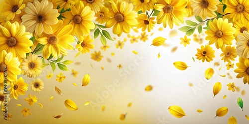Fototapeta Naklejka Na Ścianę i Meble -  Overlay of isolated flying yellow flowers and petals on background with floral border, yellow, flowers, petals, isolated,overlay