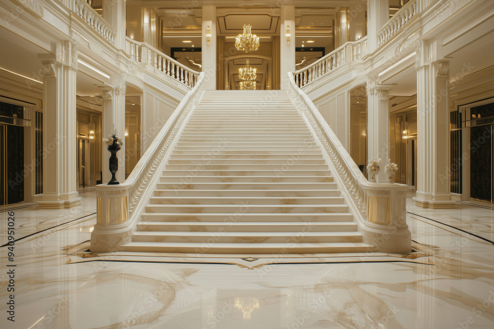 Obraz premium Grand Entrance: Marble Staircase Ascending in a Majestic Foyer