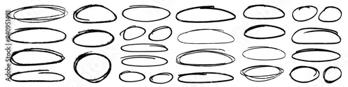 Handdrawn doodle circle highlights. Brush marker pen round ovals. Scribble horizontal ellipse inrounder. Round scrawl frames. Vector illustration of freehand painted circular note