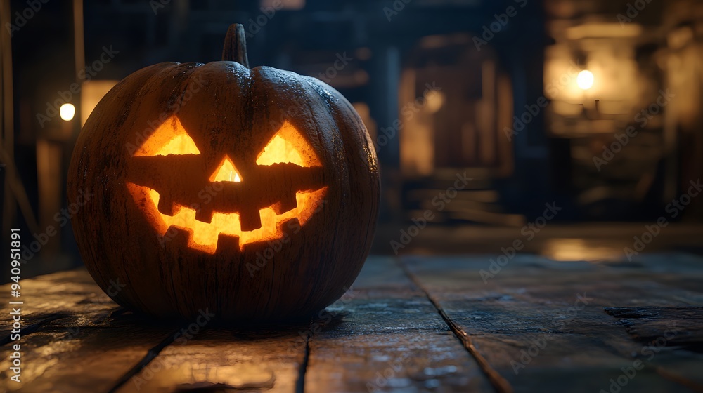 Fototapeta premium A carved pumpkin with a classic spooky face, set on a rustic wooden table, flickering candlelight inside, blurred background of an old haunted house, dim and atmospheric mood