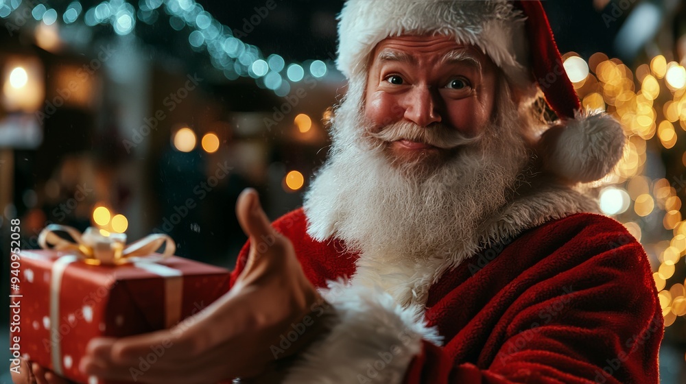 Santa Claus with Gift and Festive Lights Santa Claus with Gift and Festive Lights