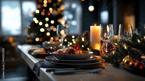 Festive Christmas Table Setting with Candlelight and Pine Garland