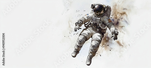 An astronaut floating in space, white background, watercolor splashes of ink, vintage poster style, light gray and dark brown, ultra-fine detail, minimalistic, no text, no letters, no words, no typogr photo