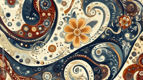 An artistic paisley pattern with a central flower, featuring dynamic curves and a harmonious color palette. 6 photo