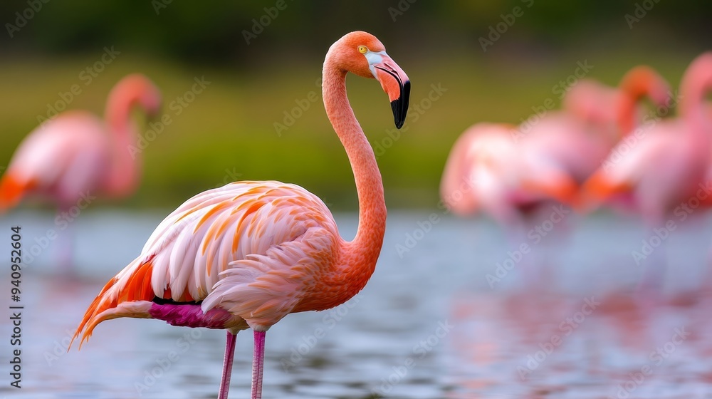 Fototapeta premium A pink flamingo wades in the water amidst background flamingos, while a green field lies in the distance