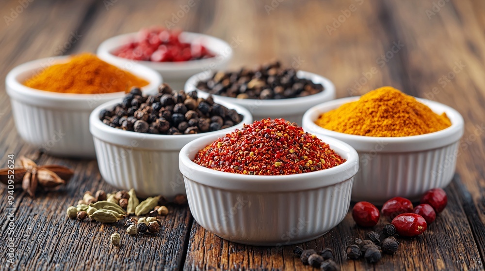 Organic spices and natural sweeteners in small bowls on a wooden table macro lens high detail sharp focus high resolution clean colors