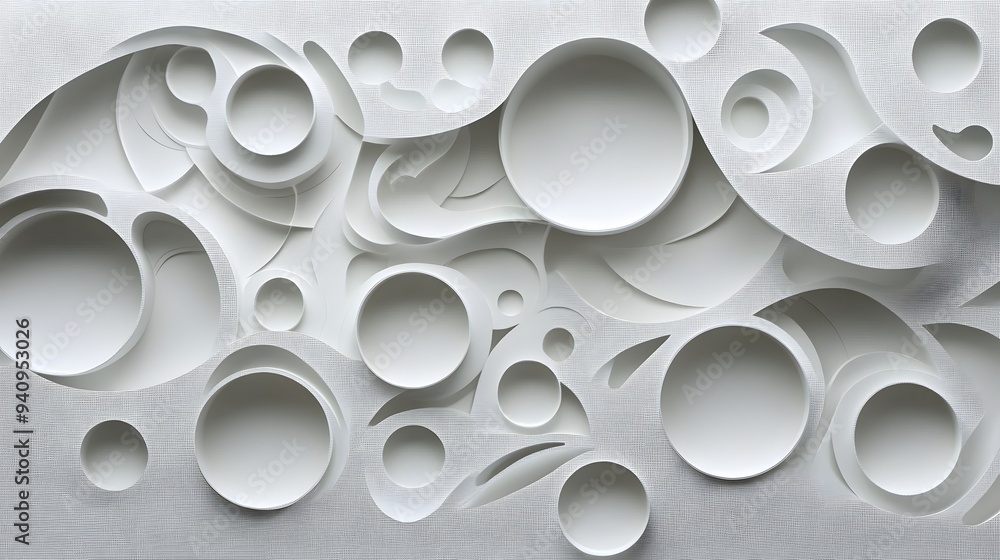 69. Abstract 3D wall art with circle paper cutouts arranged in a complex, layered structure 69. Abstract 3D wall art with circle paper cutouts arranged in a complex, layered structure