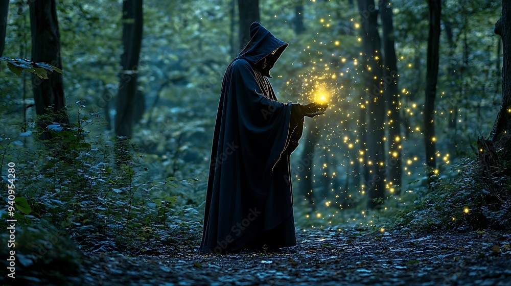 Enigmatic Wizard in an Enchanted Forest at Night - Halloween Costume Concept Enigmatic Wizard in an Enchanted Forest at Night - Halloween Costume Concept