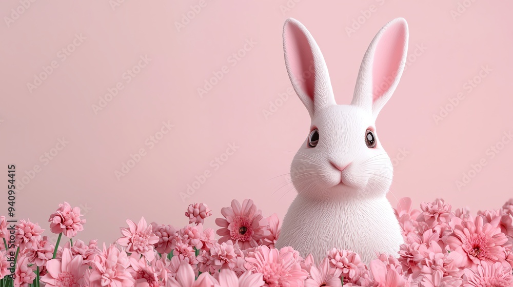 Pastel anime bunny, sitting in a field of pastel flowers. Pastel anime bunny, sitting in a field of pastel flowers.