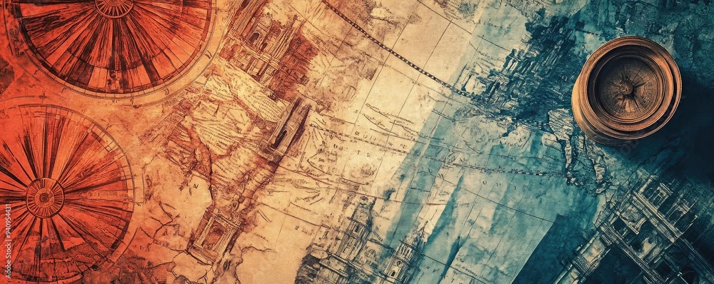 Fototapeta premium Vintage map and compass create an adventurous atmosphere, perfect for travel themes and exploration projects.