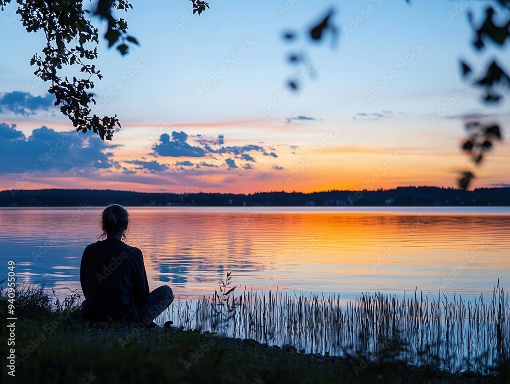 A calm lakeside view at sunset, with a person sitting peacefully, blending relaxation with the anticipation of change, reflecting on how to adapt to shifting expectations A calm lakeside view at sunset, with a person sitting peacefully, blending relaxation with the anticipation of change, reflecting on how to adapt to shifting expectations