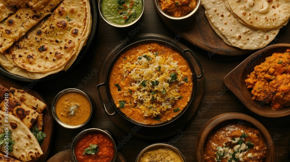 An overhead shot of multiple Indian dishes served with accompaniments, showing a true culinary feast. An overhead shot of multiple Indian dishes served with accompaniments, showing a true culinary feast.