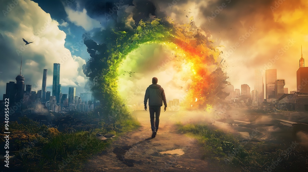 Fototapeta premium Man Walks Toward Glowing Portal Between Two Worlds