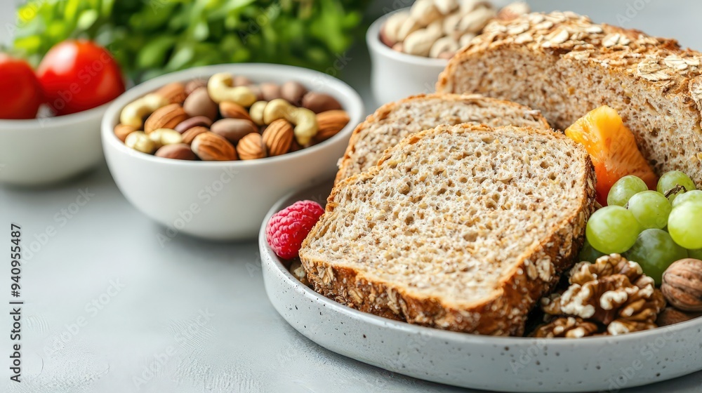 A cozy morning routine setup with a textured breakfast of wholegrain bread, fresh fruit, and nuts, emphasizing both diet quality and daily consistency A cozy morning routine setup with a textured breakfast of wholegrain bread, fresh fruit, and nuts, emphasizing both diet quality and daily consistency