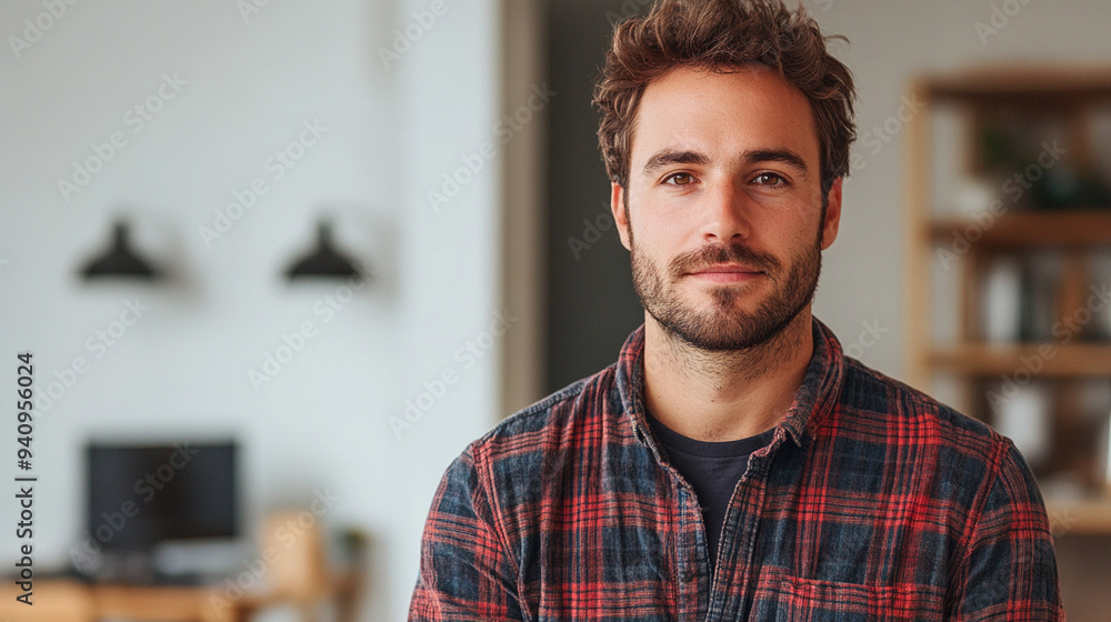 Obraz premium European man in plaid shirt standing on white background