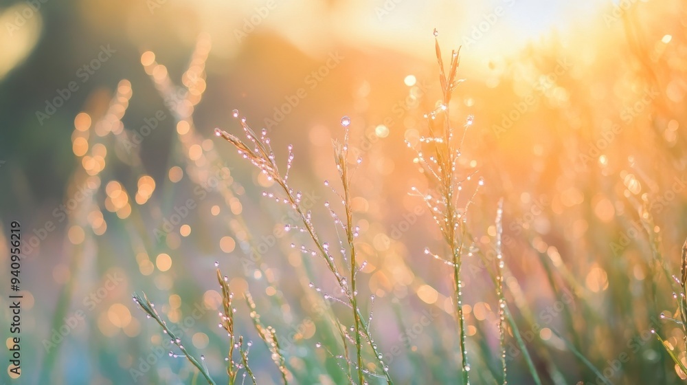 A serene scene of dew covered grass in the early morning A serene scene of dew covered grass in the early morning