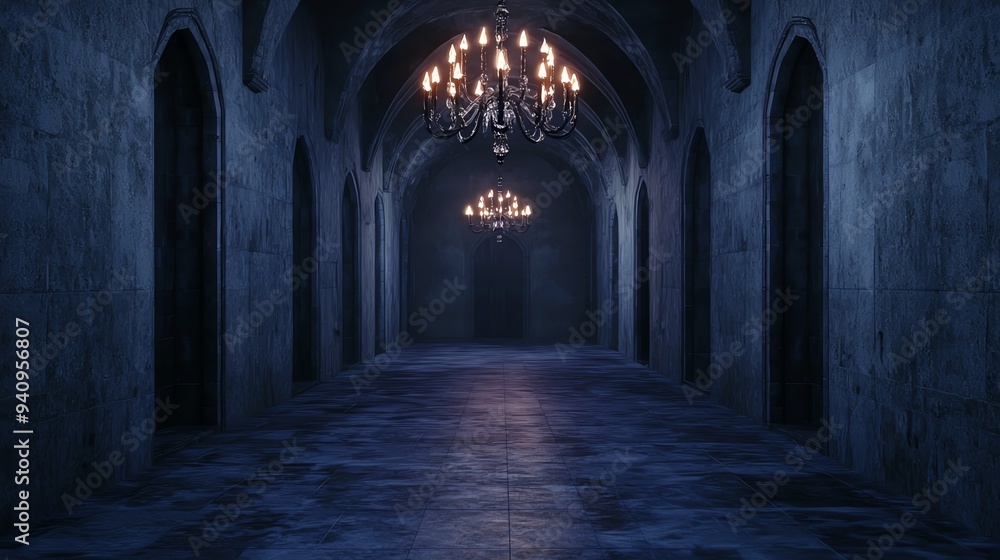 Obraz premium Gothic chandelier, crystal tears, dimly lit corridor, Watercolor style