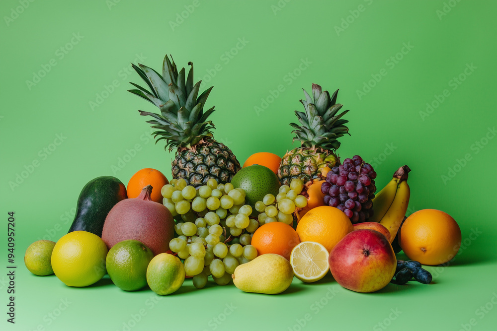 Exotic Fruit Display on a Lime Green Background: A Visual Feast Exotic Fruit Display on a Lime Green Background: A Visual Feast