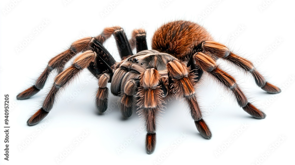 Close-up of a Goliath Tarantula, its hairy legs and imposing presence highlighted against a white background. Close-up of a Goliath Tarantula, its hairy legs and imposing presence highlighted against a white background.